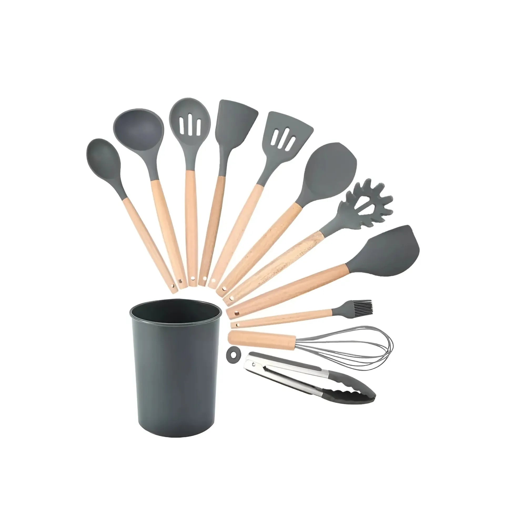 Silicone Kitchen Utensil Set with Wooden Handles & Holder – 12 Piece Non-Stick Cooking Tools