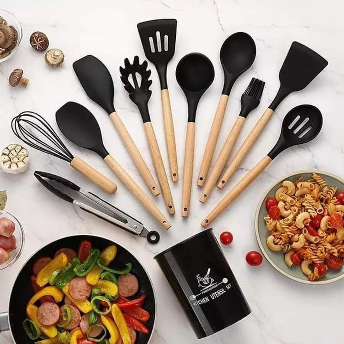 Silicone Kitchen Utensil Set with Wooden Handles & Holder – 12 Piece Non-Stick Cooking Tools